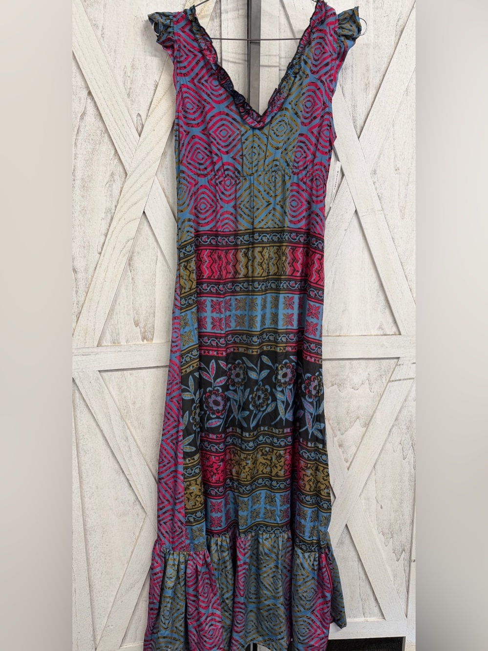 Boho V-Neck Ruffle Maxi Dress in Pink, Blue & Olive